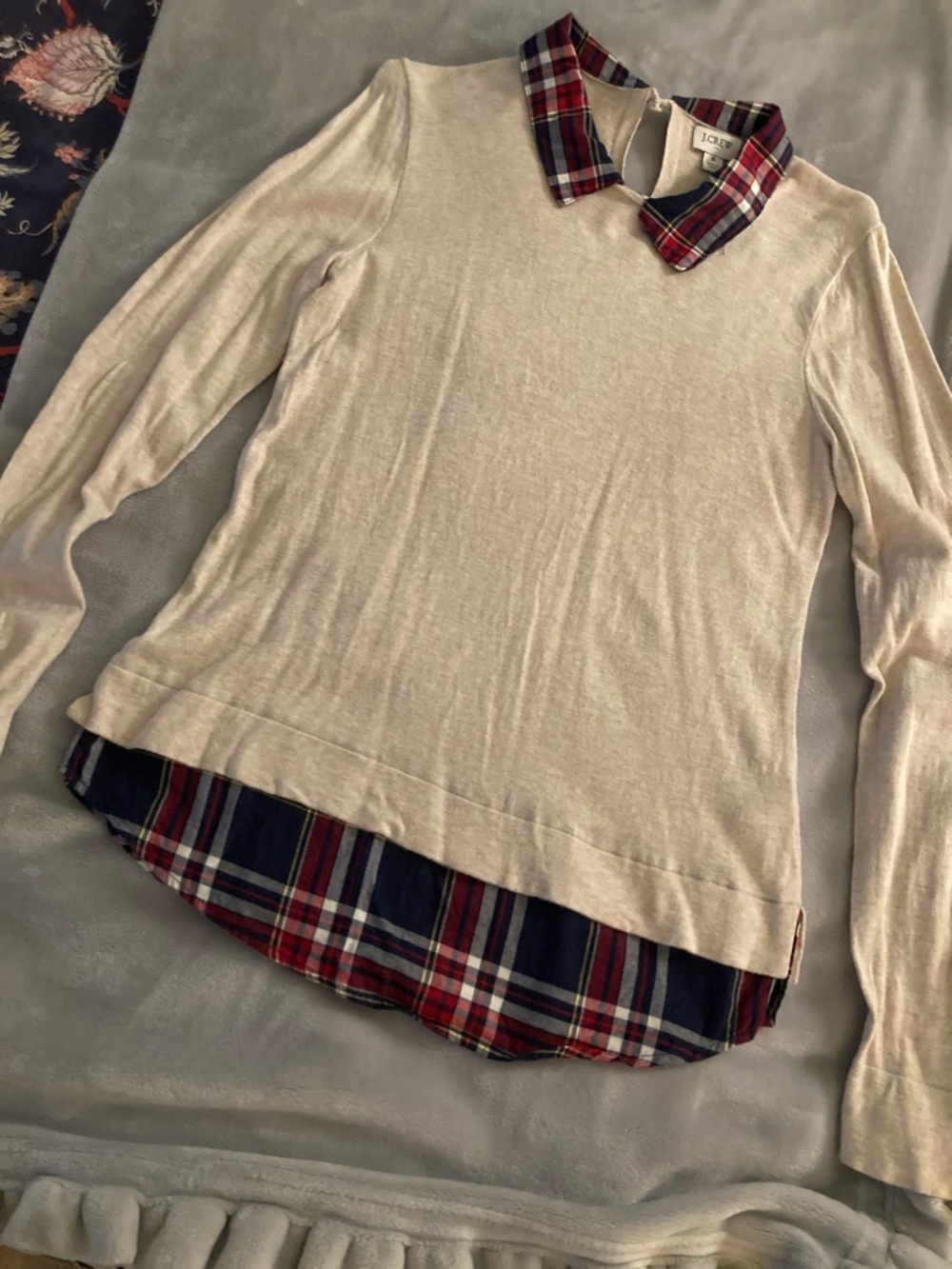 J. Crew Cream Sweater with Navy and Red Plaid Trim
